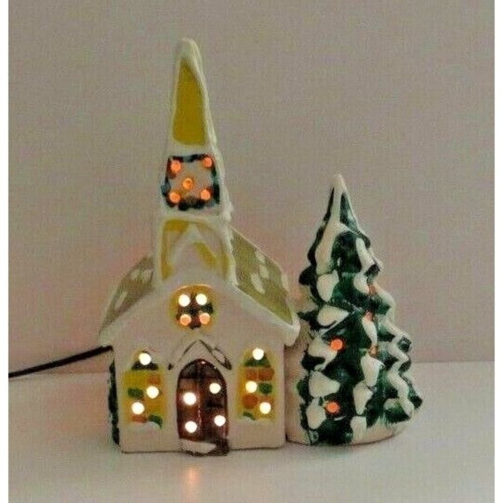 Christmas Village Frosted Church Lamp Lighted Night Scene 9.5" tall x 8" wide